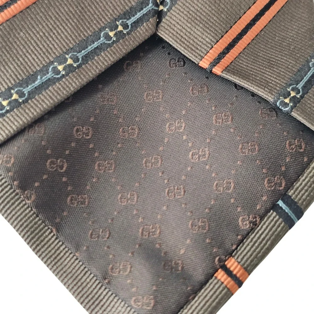 Gucci Horsebit Silk Tie Brown Orange Textured Stripe Equestrian Luxury Designer